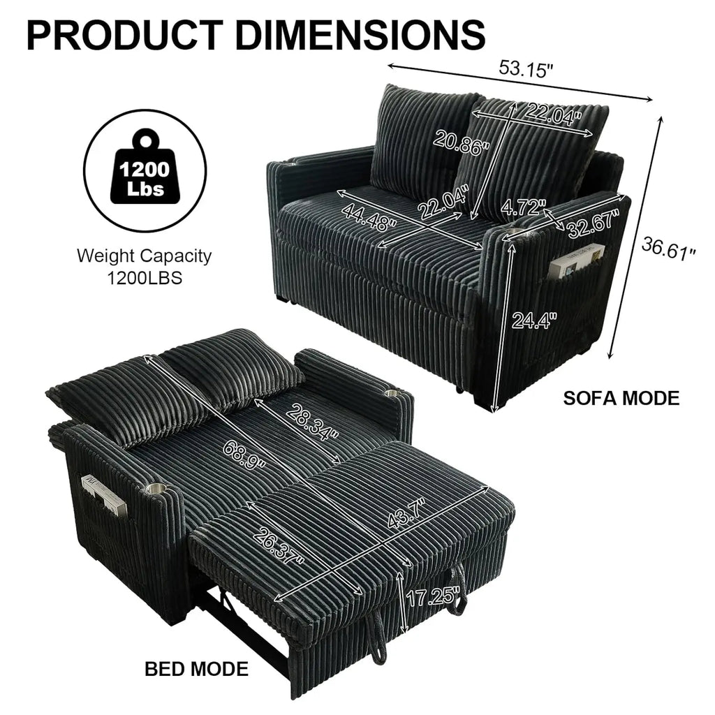 3-in-1 Sleeper Sofa Bed, 53'' Corduroy Loveseat Adjustment Backrest