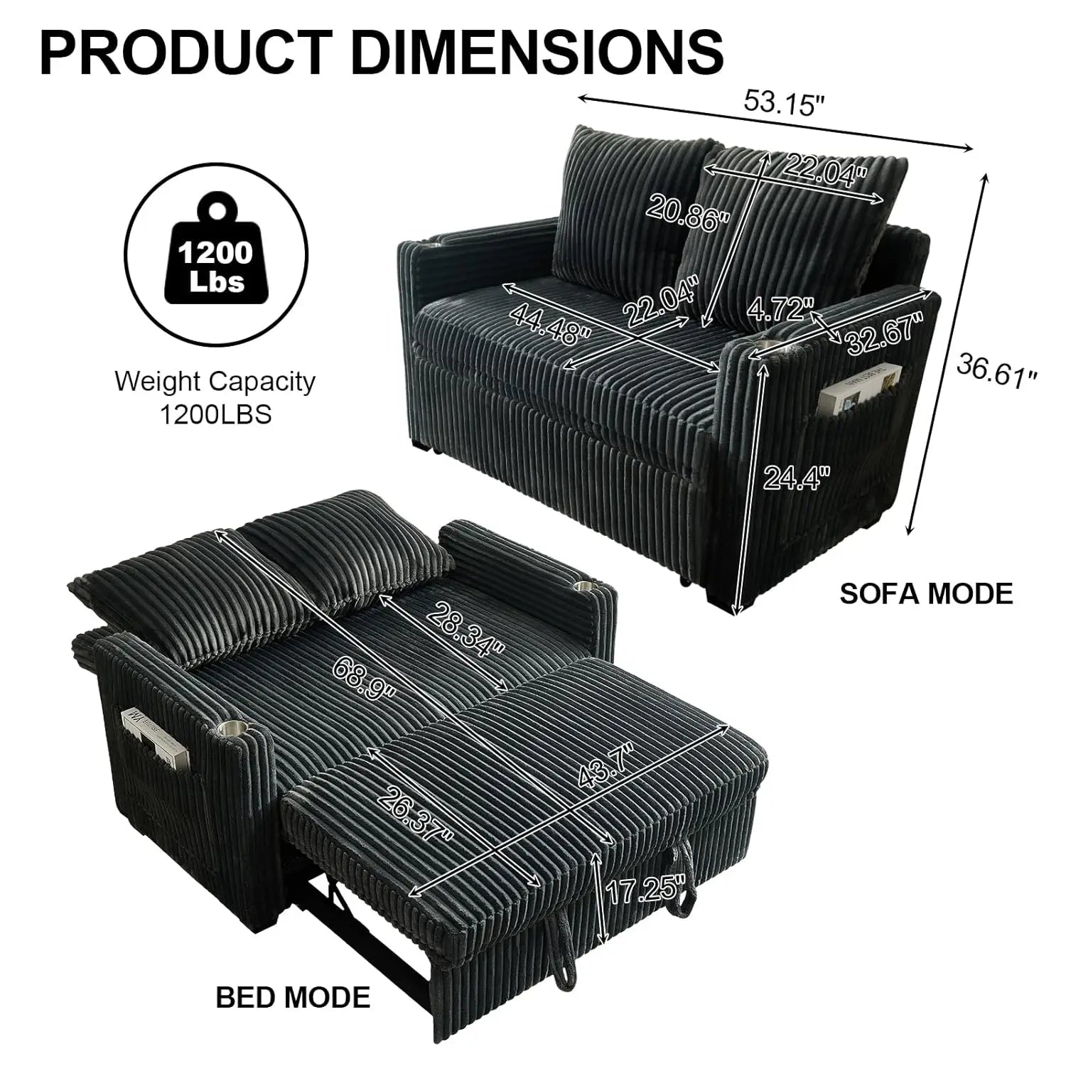 3-in-1 Sleeper Sofa Bed, 53'' Corduroy Loveseat Adjustment Backrest