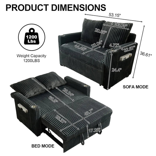 3-in-1 Sleeper Sofa Bed, 53'' Corduroy Loveseat Adjustment Backrest