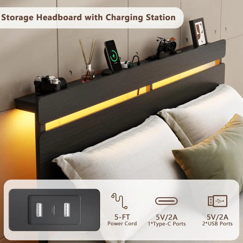 Queen Bed LED Light Headboard Black Platform 2-Drawers Charging Station