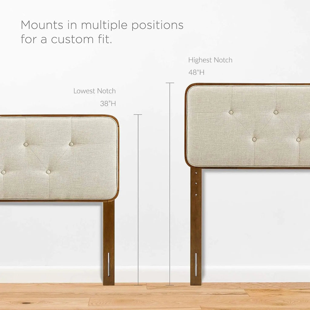 Tufted Full Fabric Wood Headboard Walnut Beige Bed Frame