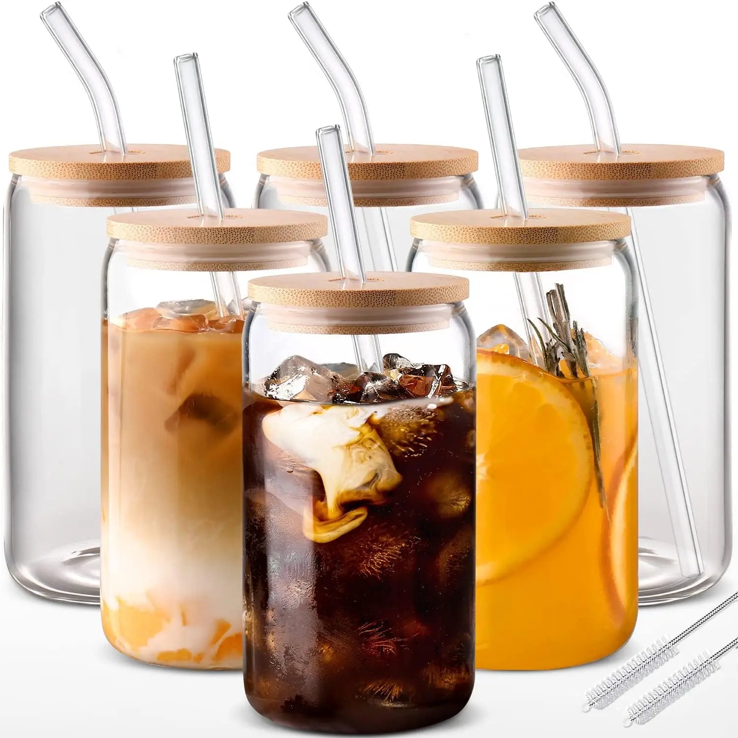 6pcs 18.6oz/550ml Drinking Glasses Bamboo Lids Glass Straw