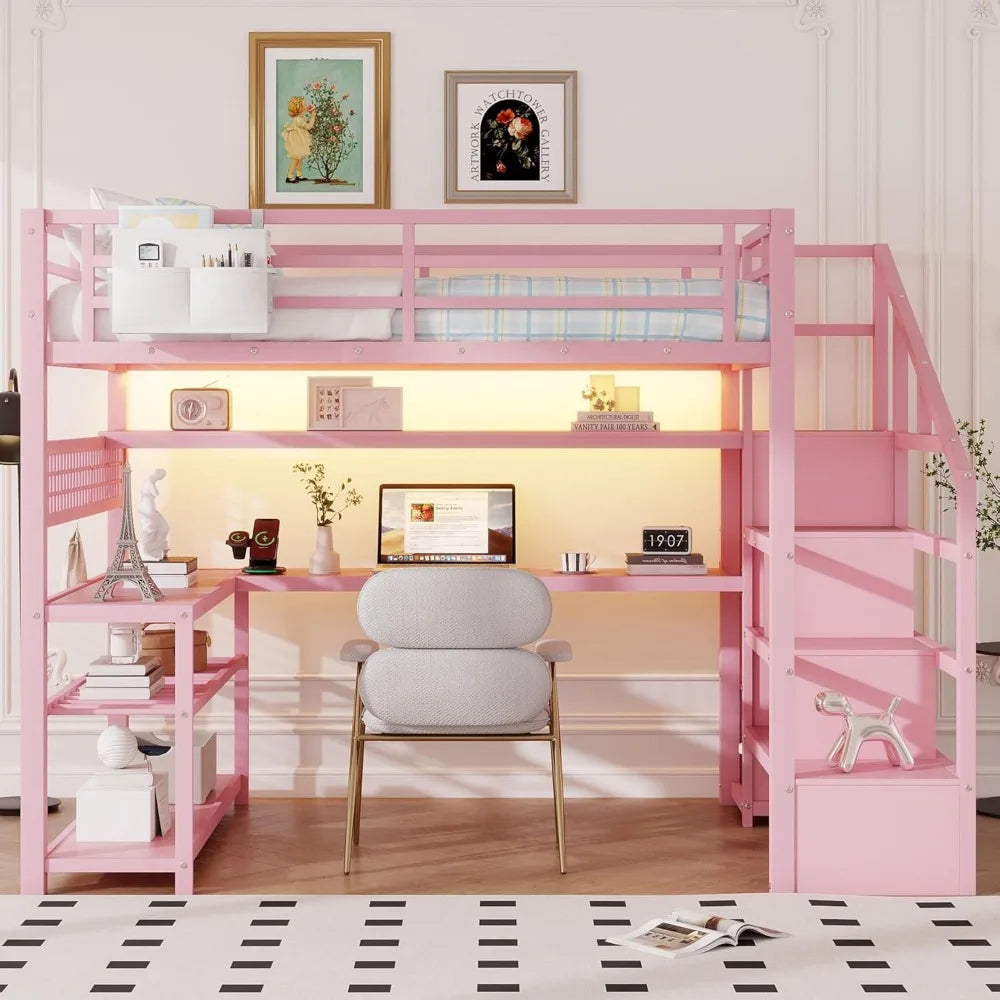 Full Size Loft Bed Frame w/Stairs, Desk, Storage Staircase, Charging Station & LED Light