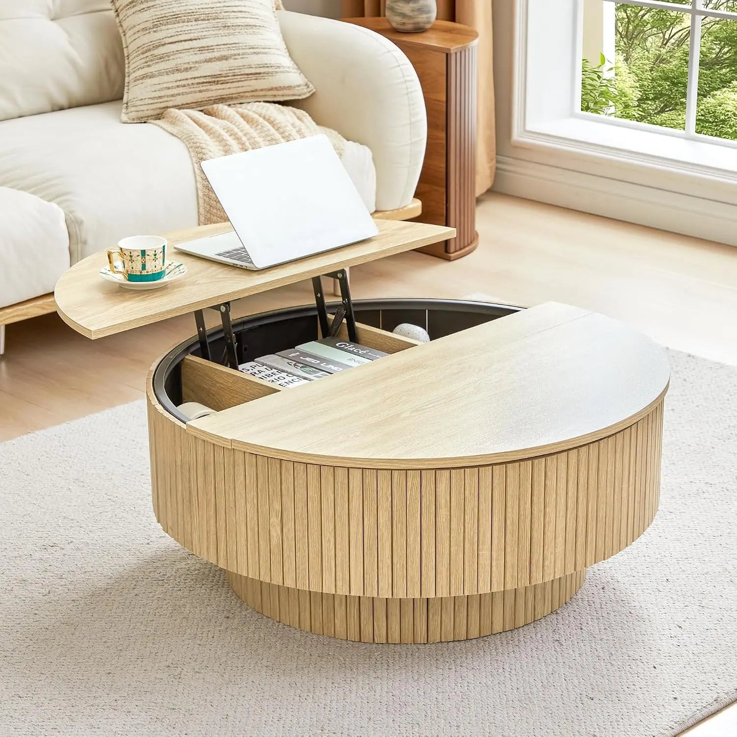 31.5" Modern Round Accent Coffee Table, Fluted Base, Wooden Center, Storage