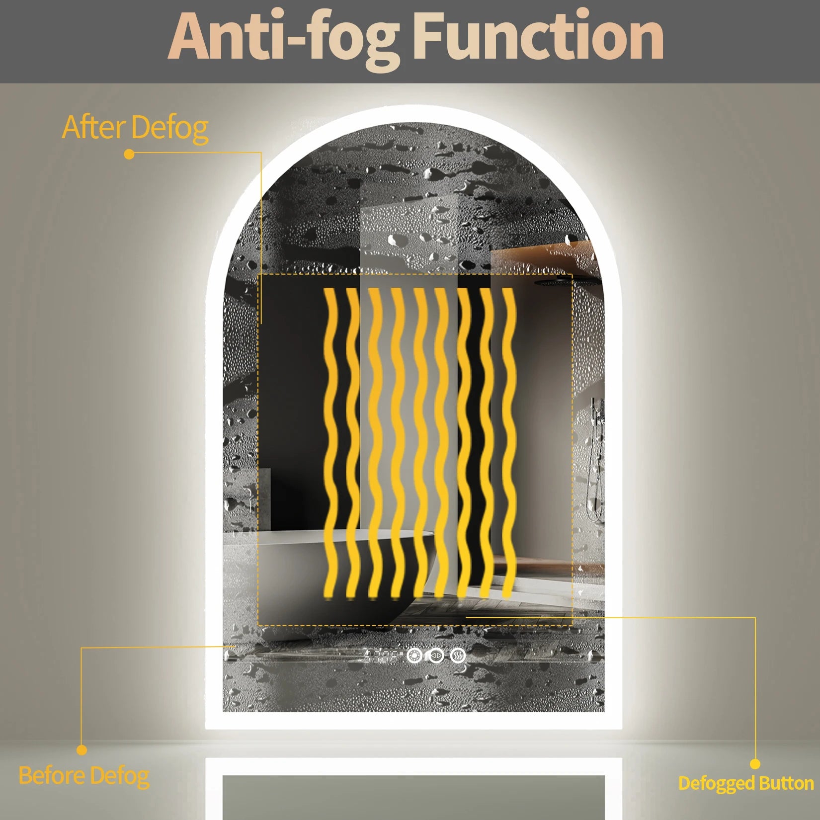 60x90CM Arched LED Mirror Backlit Frameless Antifog Time/Temperature Display