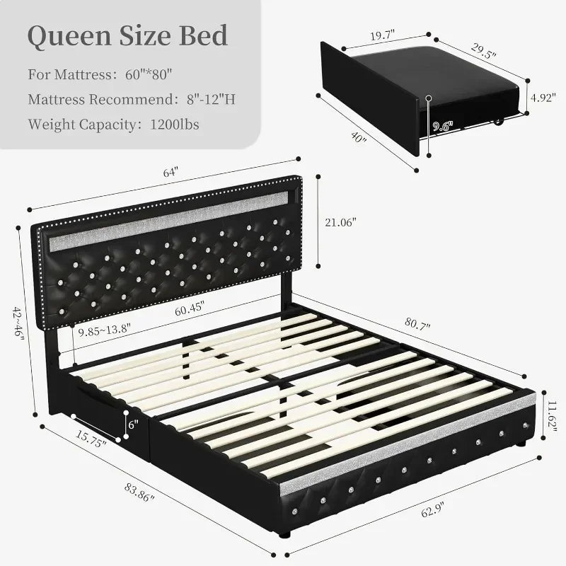 LED Platform Queen Size Bed Frame 2-Drawers Upholstered Design