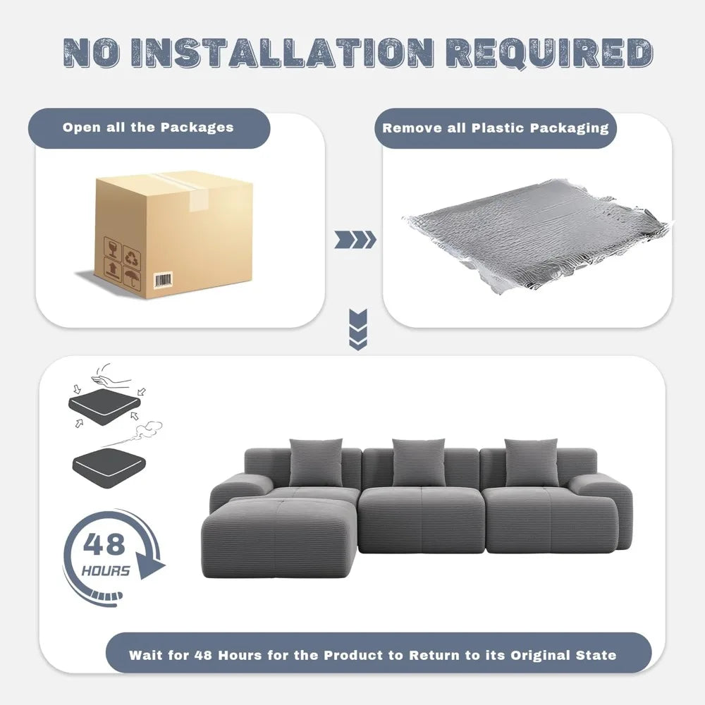 120" Boneless Cloud Modular Sectional Sofa, L-Shape Upholstered Cozy Corduroy