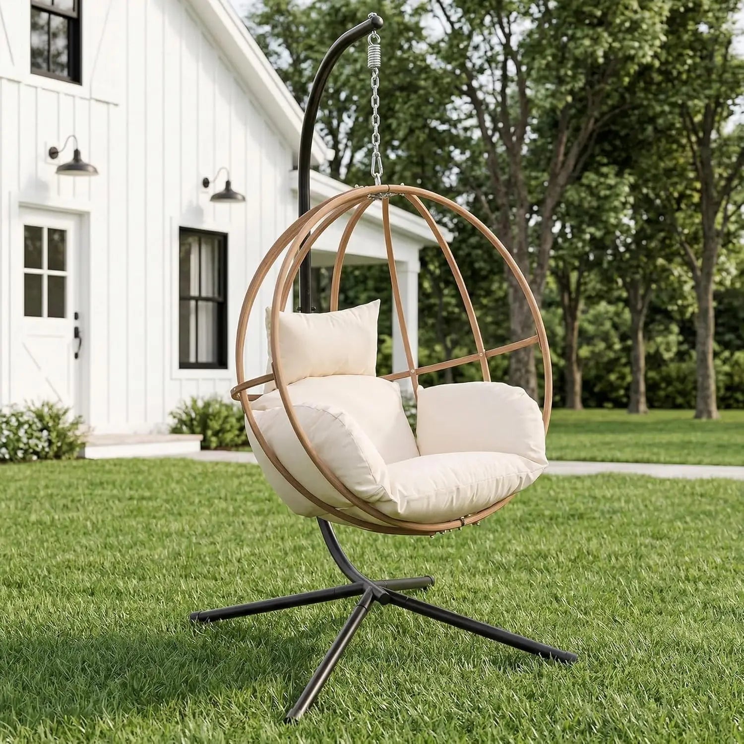 Double Egg Swing Chair, Stand, Cushions, Headrest, 80"H Metal Basket