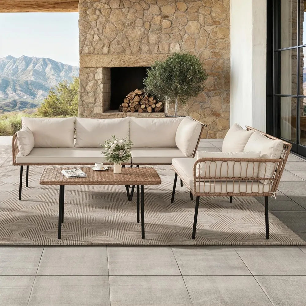 4-Piece Wicker Sectional, All Weather, Cushions, Side Table