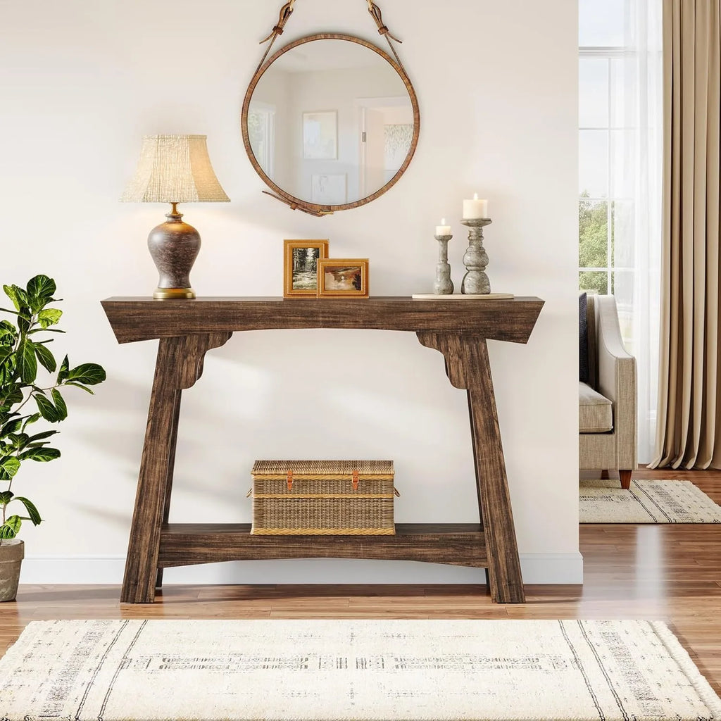 41.3" Farmhouse Console Table/Behind Couch, 2-Tier with Storage