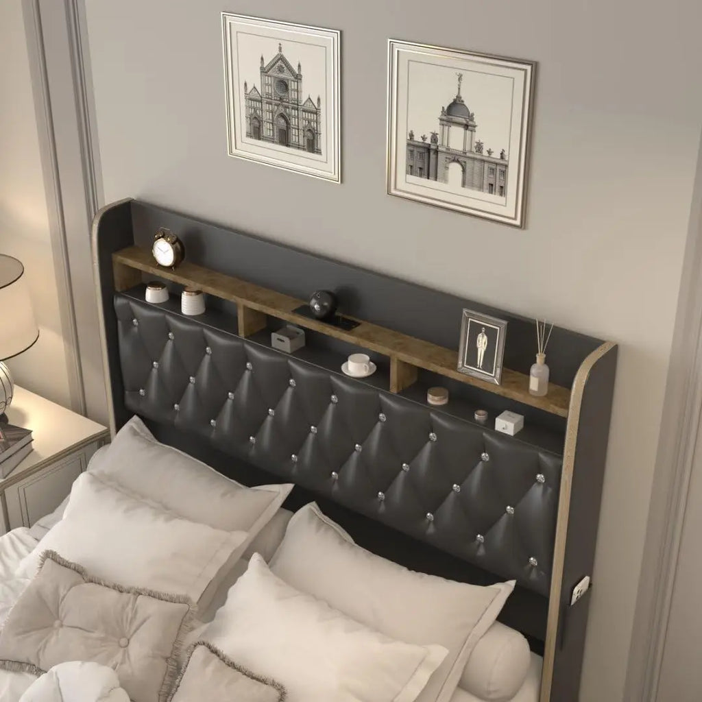 LED Bed Frame, Storage, Star Projector, Charging Station, 2-Tier Headboard, PU Leather Bed