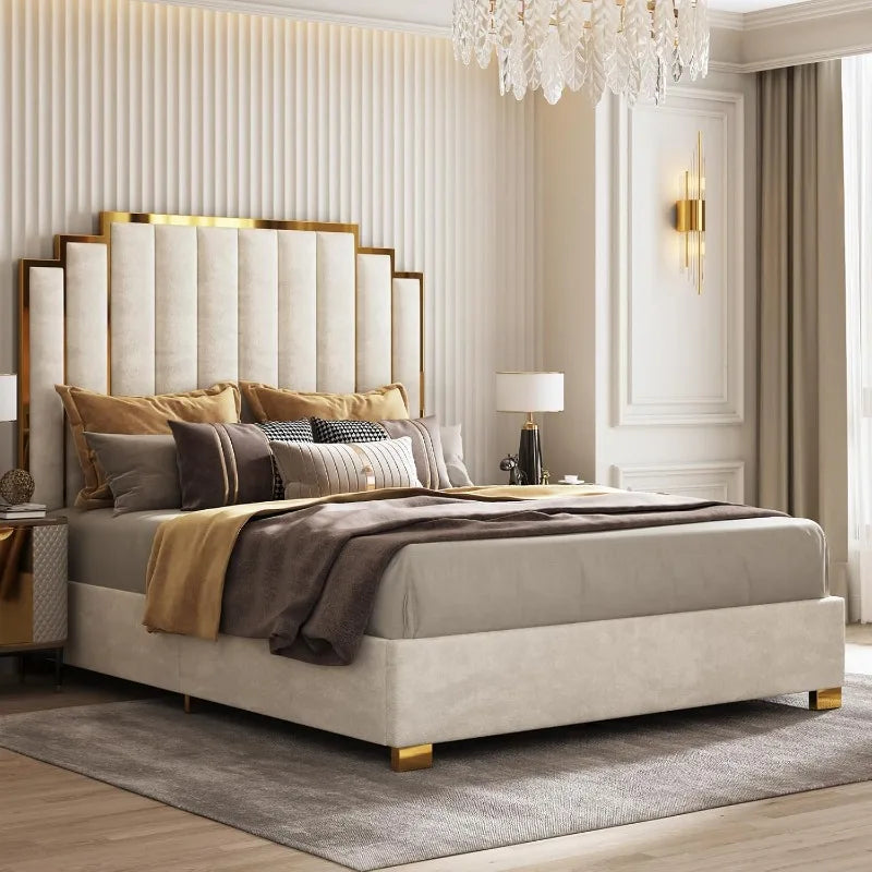 Velvet Bed Frame w/65.4” Tall Gold Trim Headboard, No Box Spring Needed