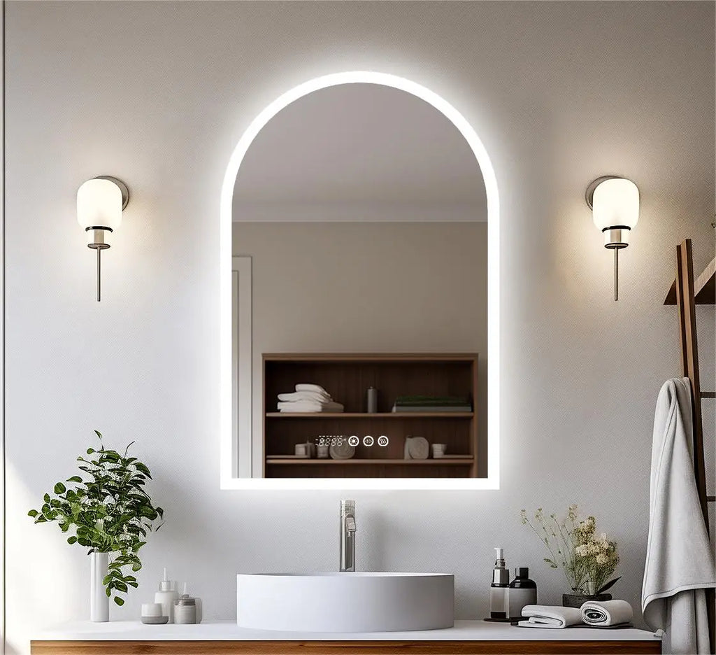 60x90CM Arched LED Mirror Backlit Frameless Antifog Time/Temperature Display