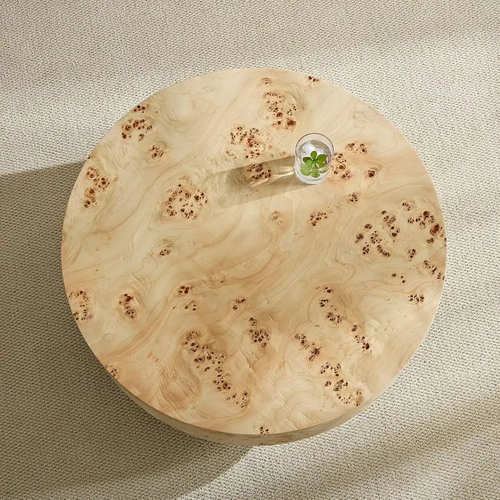 31.49" Burl Wood Veneer Circular Pedestal Coffee Table