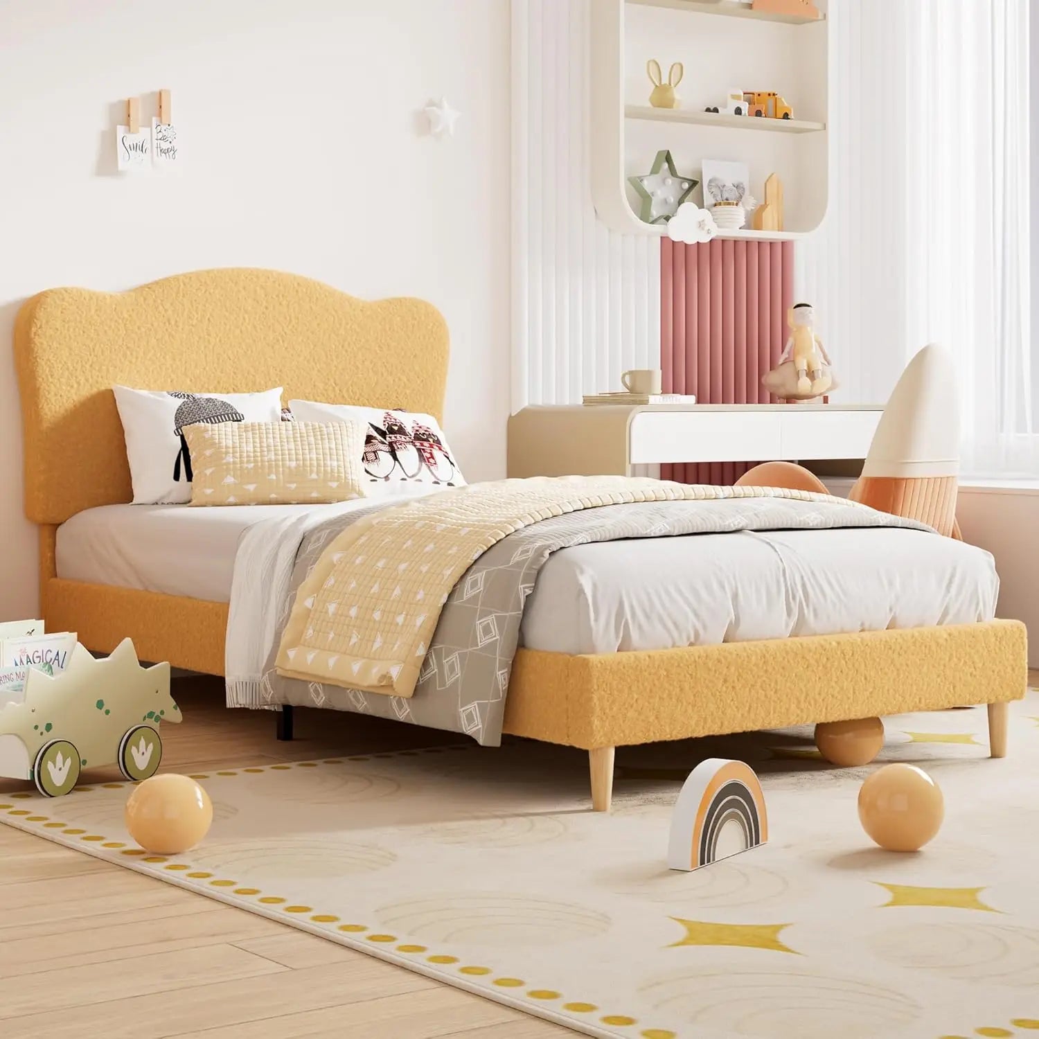 Twin Upholstered Bed, Scallop Headboard Velvet Platform Wooden Slats Noise Free