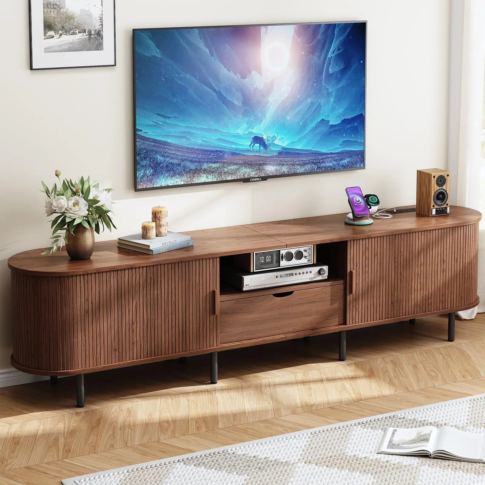 86.6" TV Stand, Power Outlet for TVs up to 90",  Storage,  Drawer