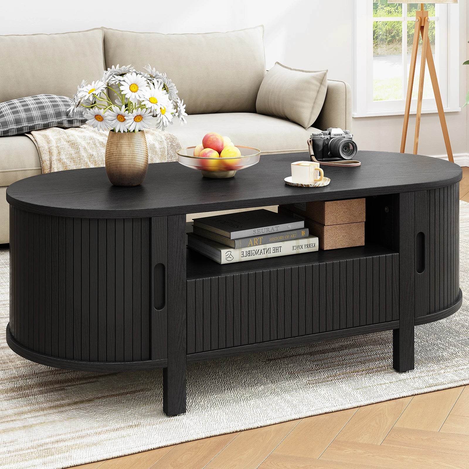 Oval Coffee Table, 47 Inch Fluted with Cabinets & Sliding Doors, Storage