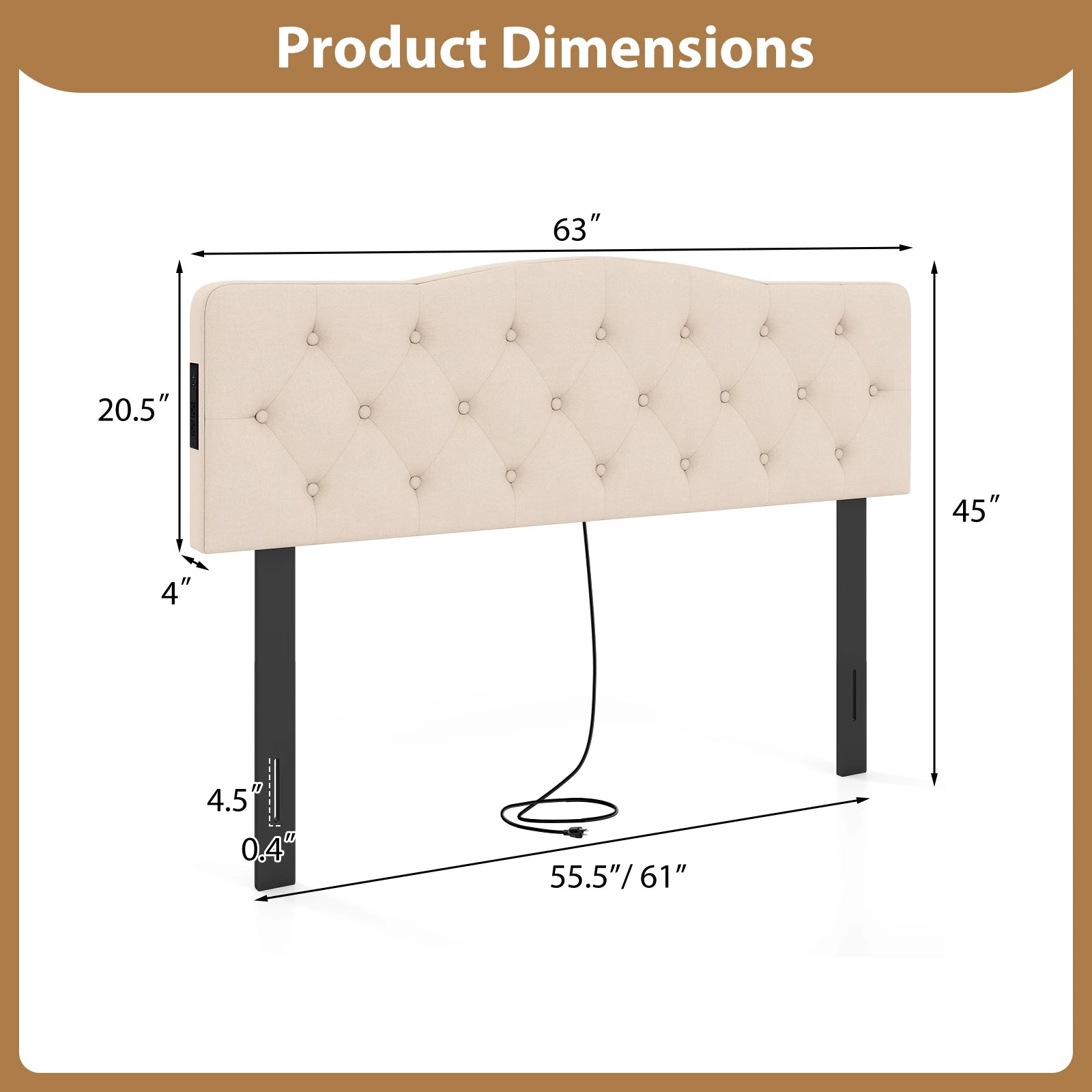 Headboard Queen & Full Size Bed, Tufted Upholstered w/2AC Outlets