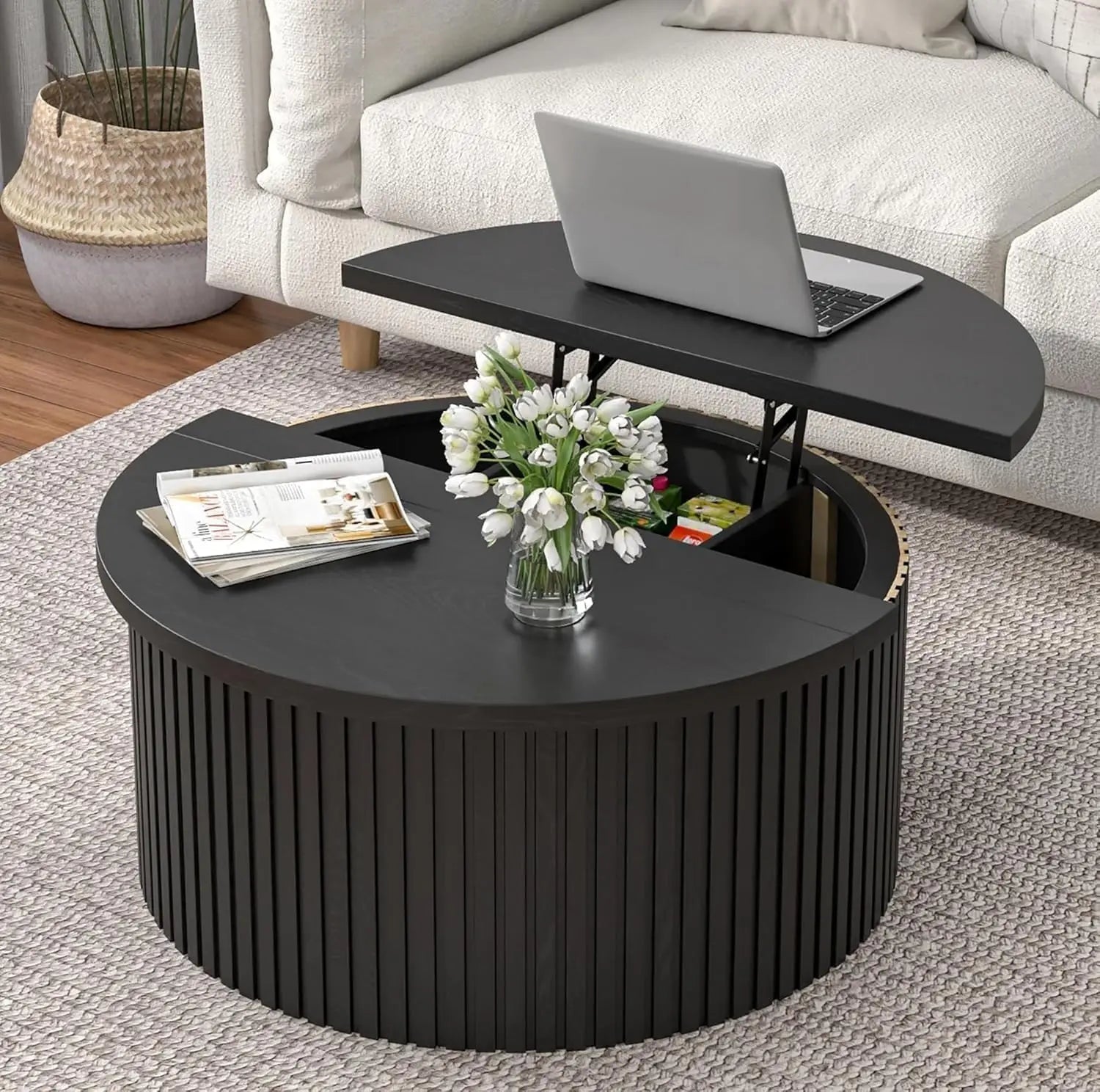 Fluted  31.6IN Round Lift Top Coffee Table with Hidden Storage