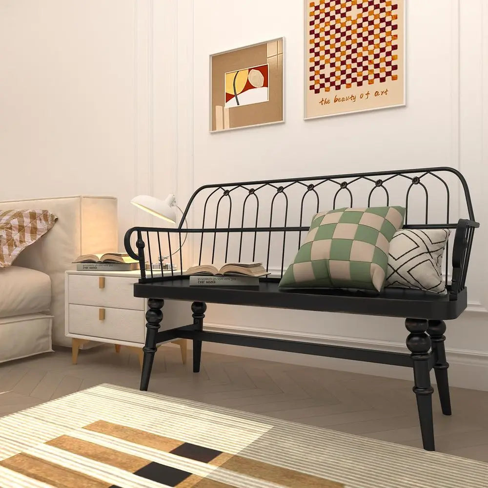 Spindle Back Wood Dining Bench, Armrest, Sculpted Legs