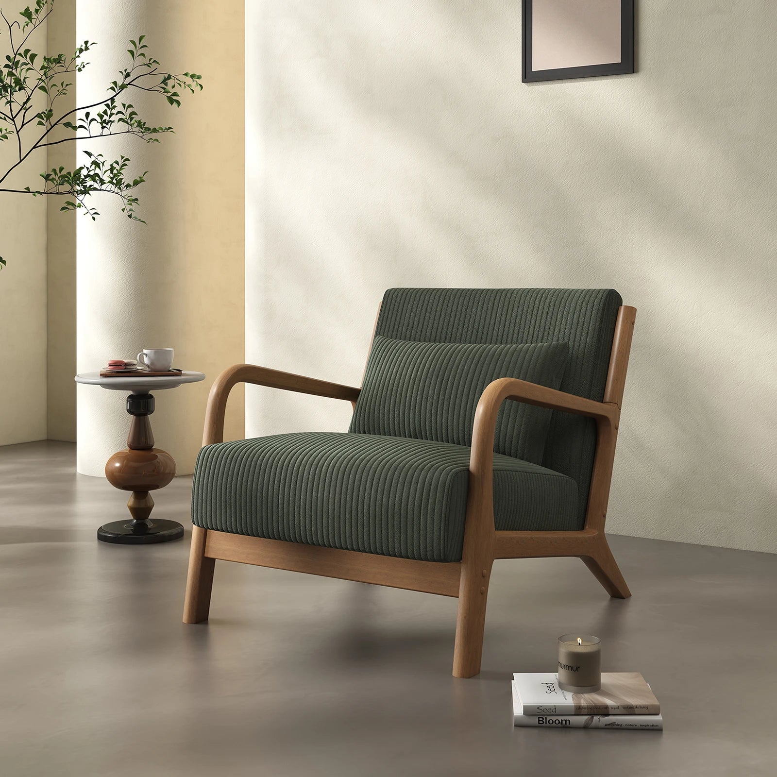 Mid-Century  Accent Chair, Comfy Fabric with Solid Wood Frame