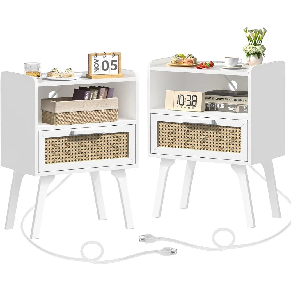 Rattan Nightstands Set of 2, Charging Station, Drawer, Solid Wood Legs