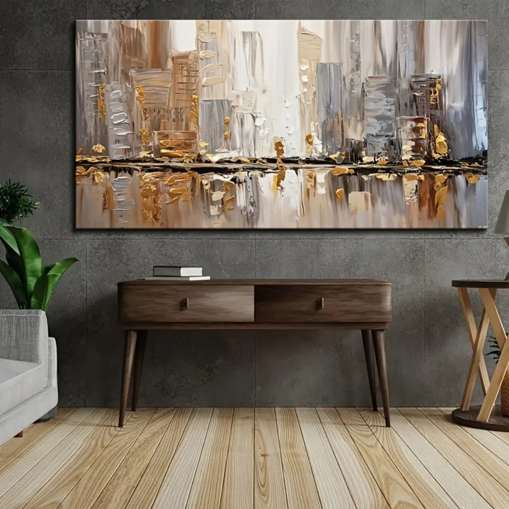 Art Deco -Large Abstract Oil Painting, 1.5" thick frame - neutral / gold accents.
