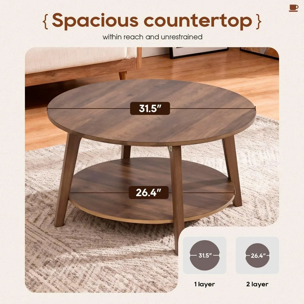 2-Tier Round Coffee Table, Storage, Sturdy MDF, Tapered Legs, Easy Assembly