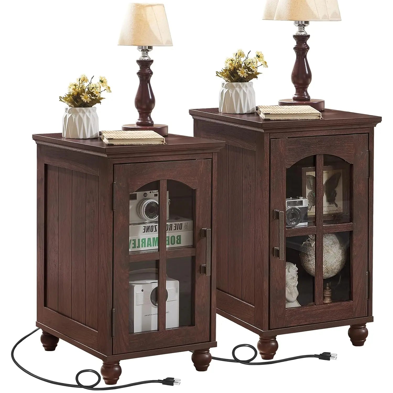 Narrow End Table Set of 2 Charging Station Glass Door