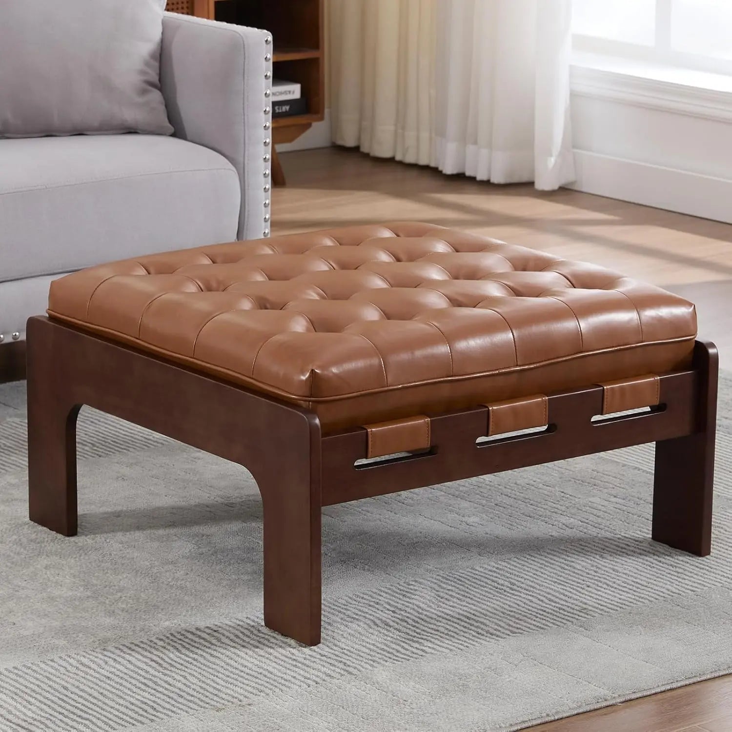 48IN Tufted Leather Ottoman Coffee Table, Rectangular Upholstered