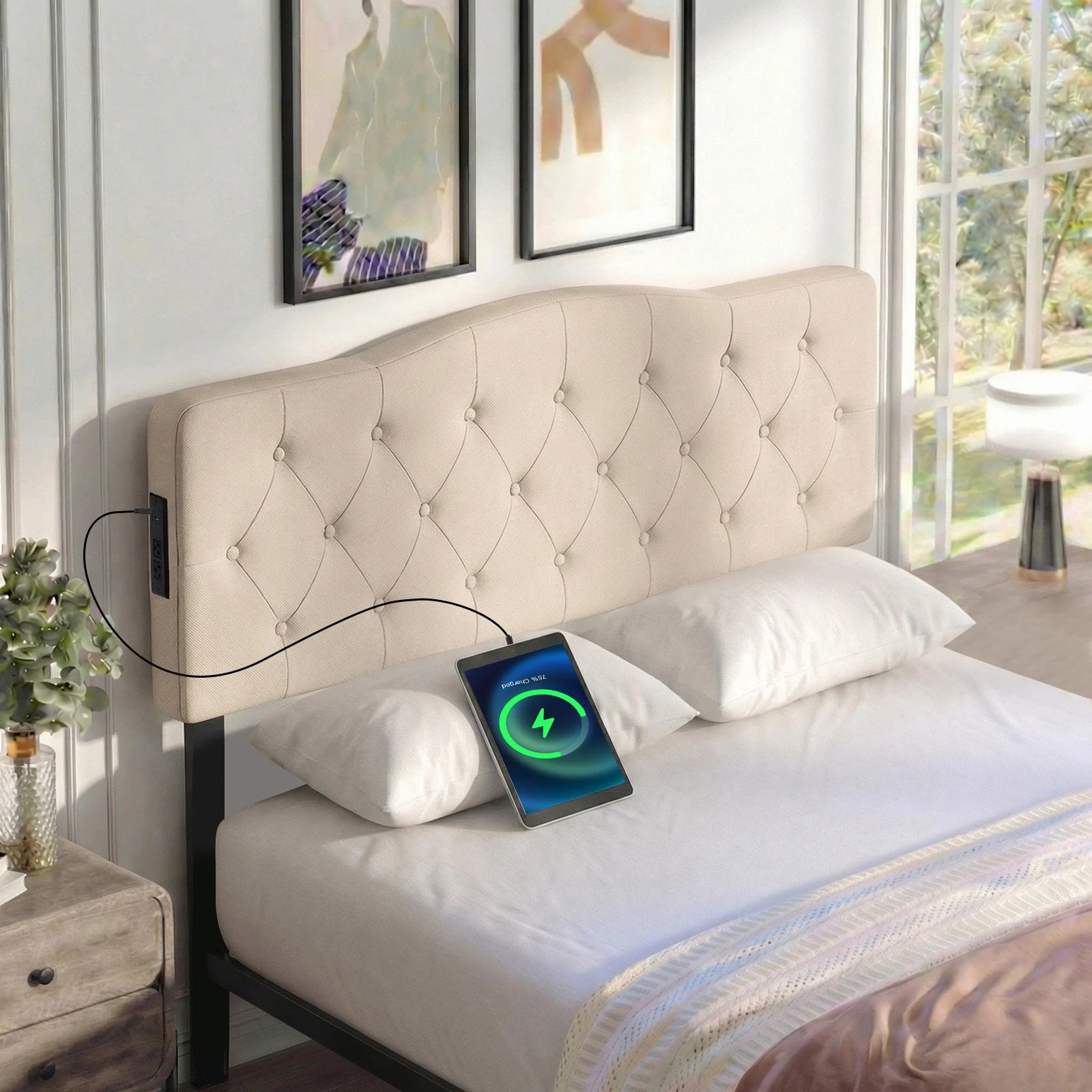 Headboard Queen & Full Size Bed, Tufted Upholstered w/2AC Outlets