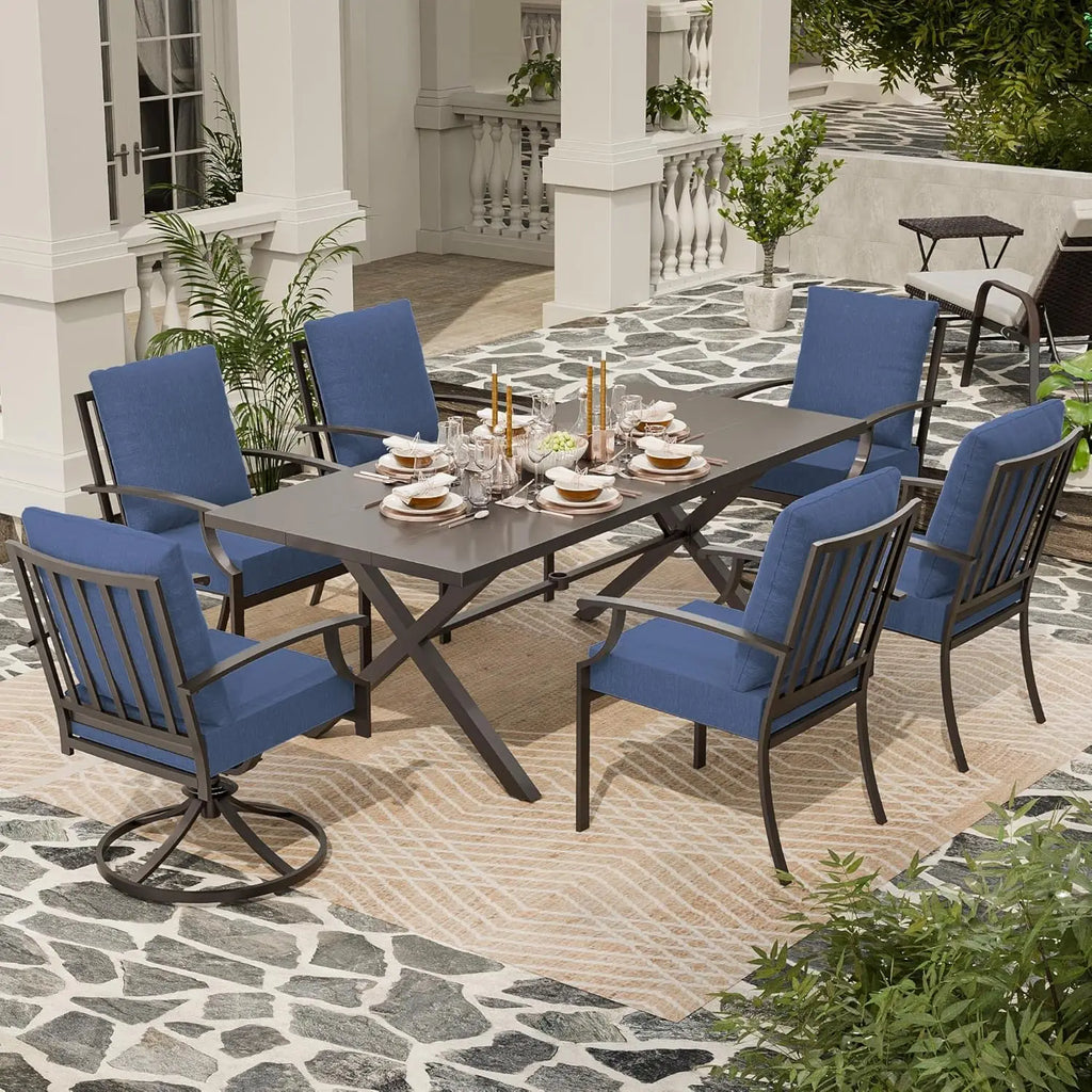 7-Piece Outdoor Set for 6, Metal Patio Table Chairs Cushions, 2 Swivel