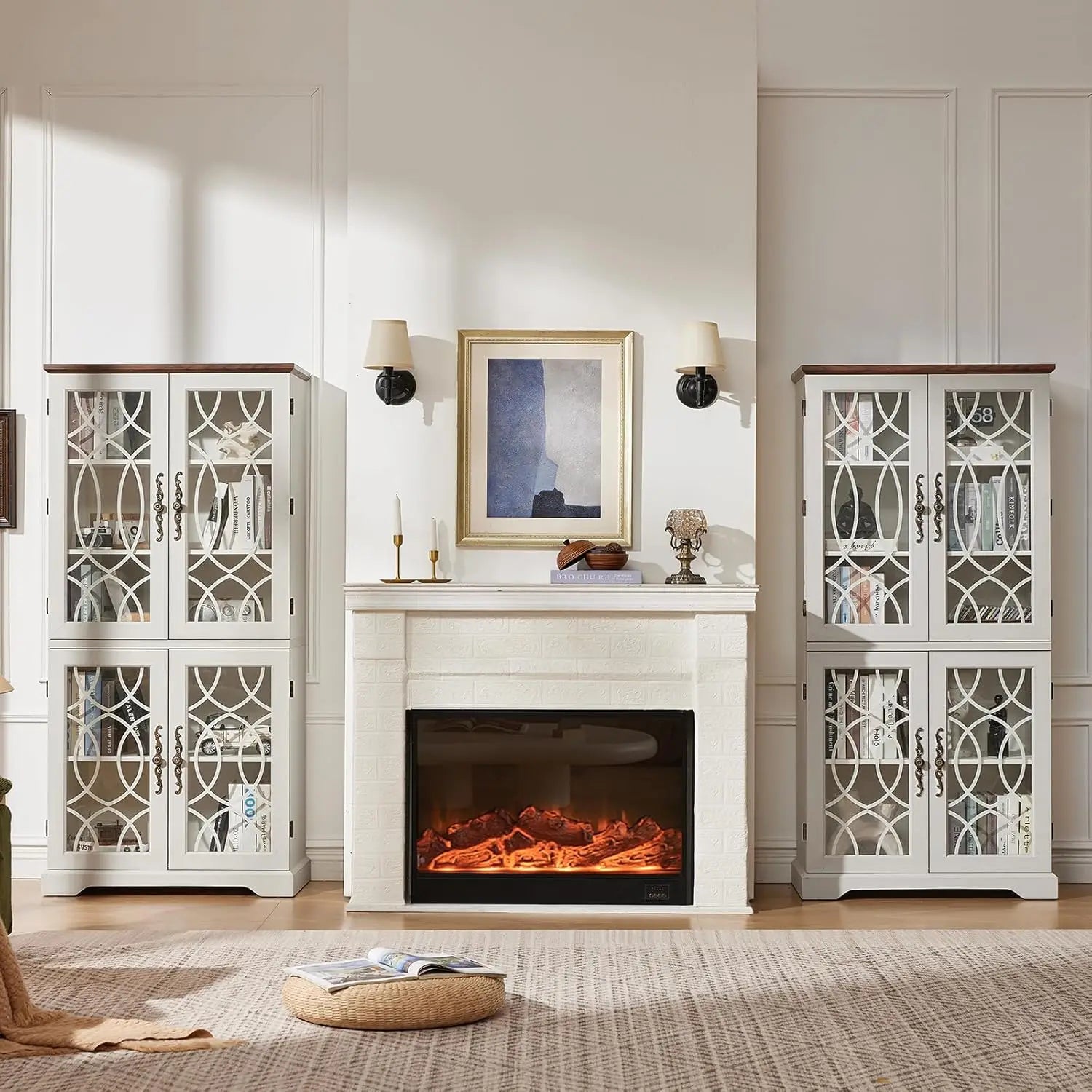 67" Wood Bookshelf Glass Doors 5-Tier Adjustable Shelves , Office White