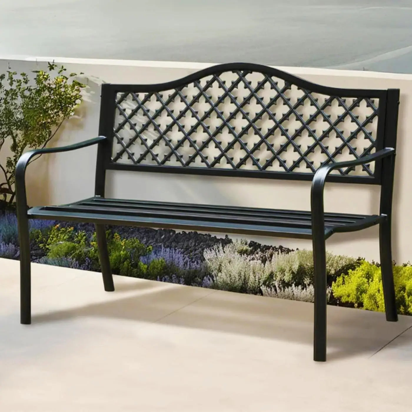 50in Copper Cast Iron Steel Bench, Chair w/Floral Backrest Slatted Seat