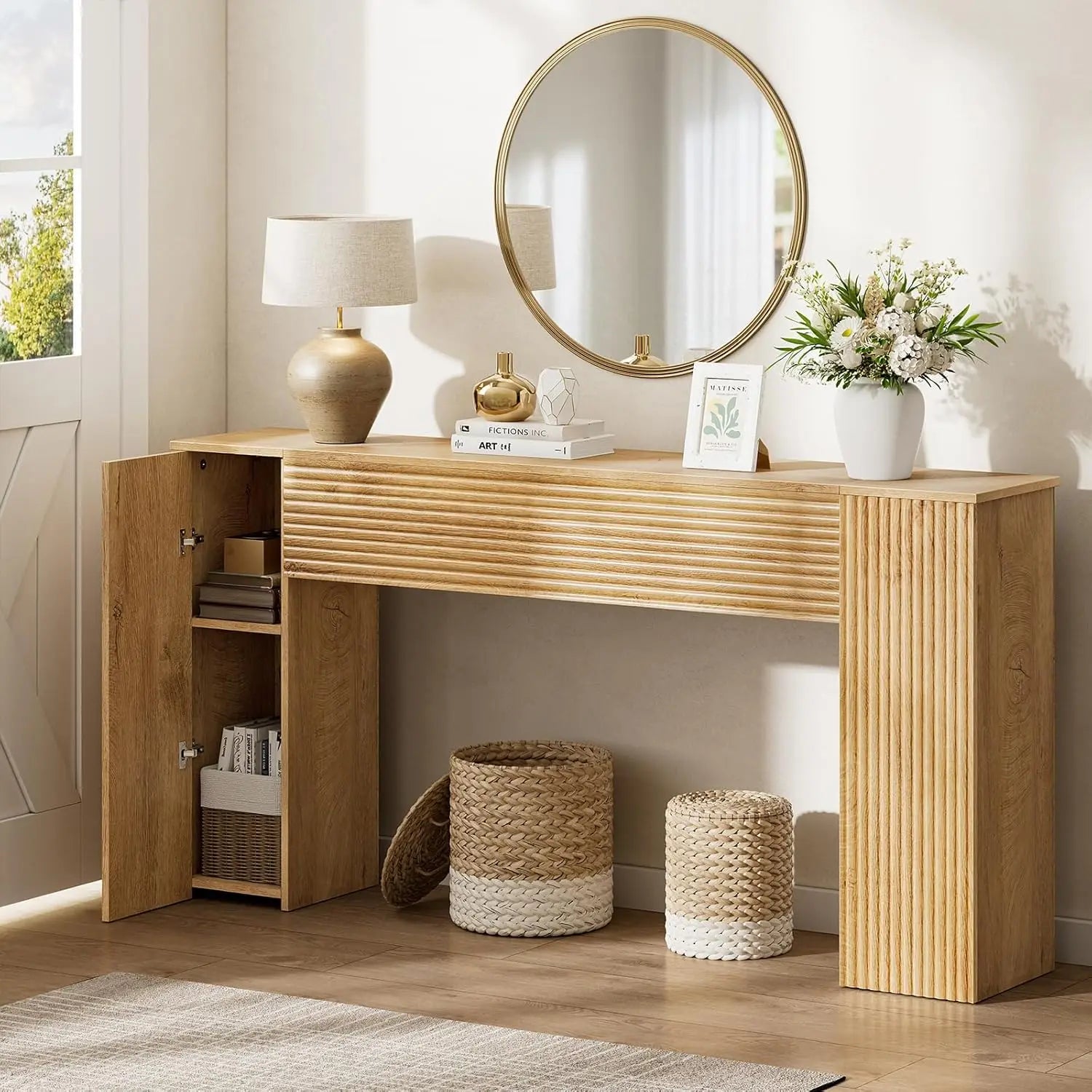 61'' Fluted Console Wooden Rectangular Table, 2 Hidden Storage