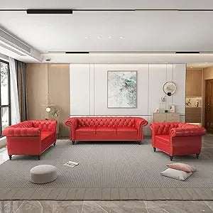 3-Piece Set, Velvet Chesterfield Sofa, Loveseat, Chair with Scroll Arms