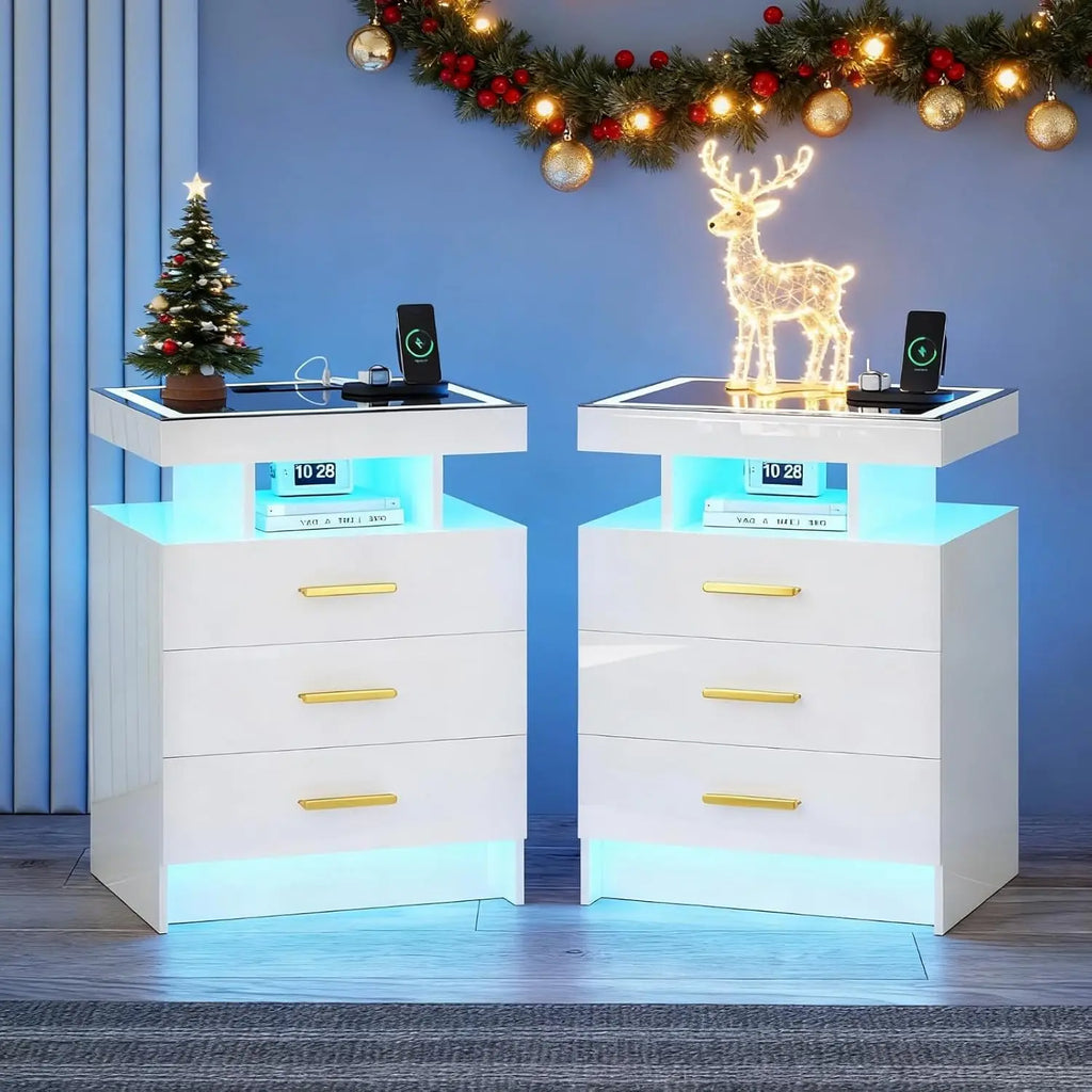 End Tables, Set-2 or Single, Charging Station 3 Drawers Glass Top