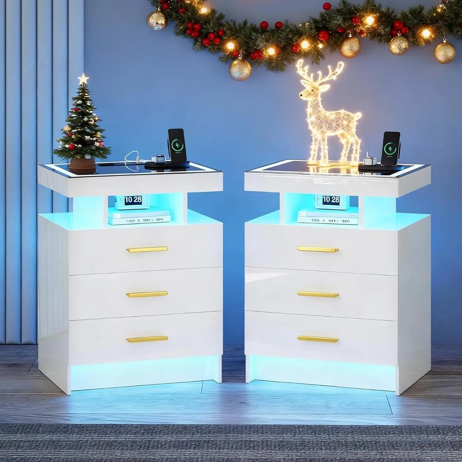 End Tables, Set-2 or Single, Charging Station 3 Drawers Glass Top