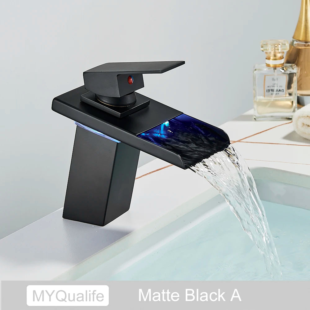LED Color Changing Waterfall Faucet, Deck Mounted Hot/Cold Mixer Tap