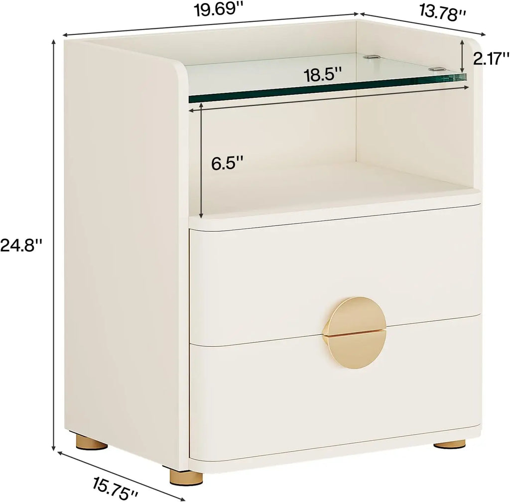 Nightstand w/2 Drawers, w/Open Storage Shelf, Tempered Glasses