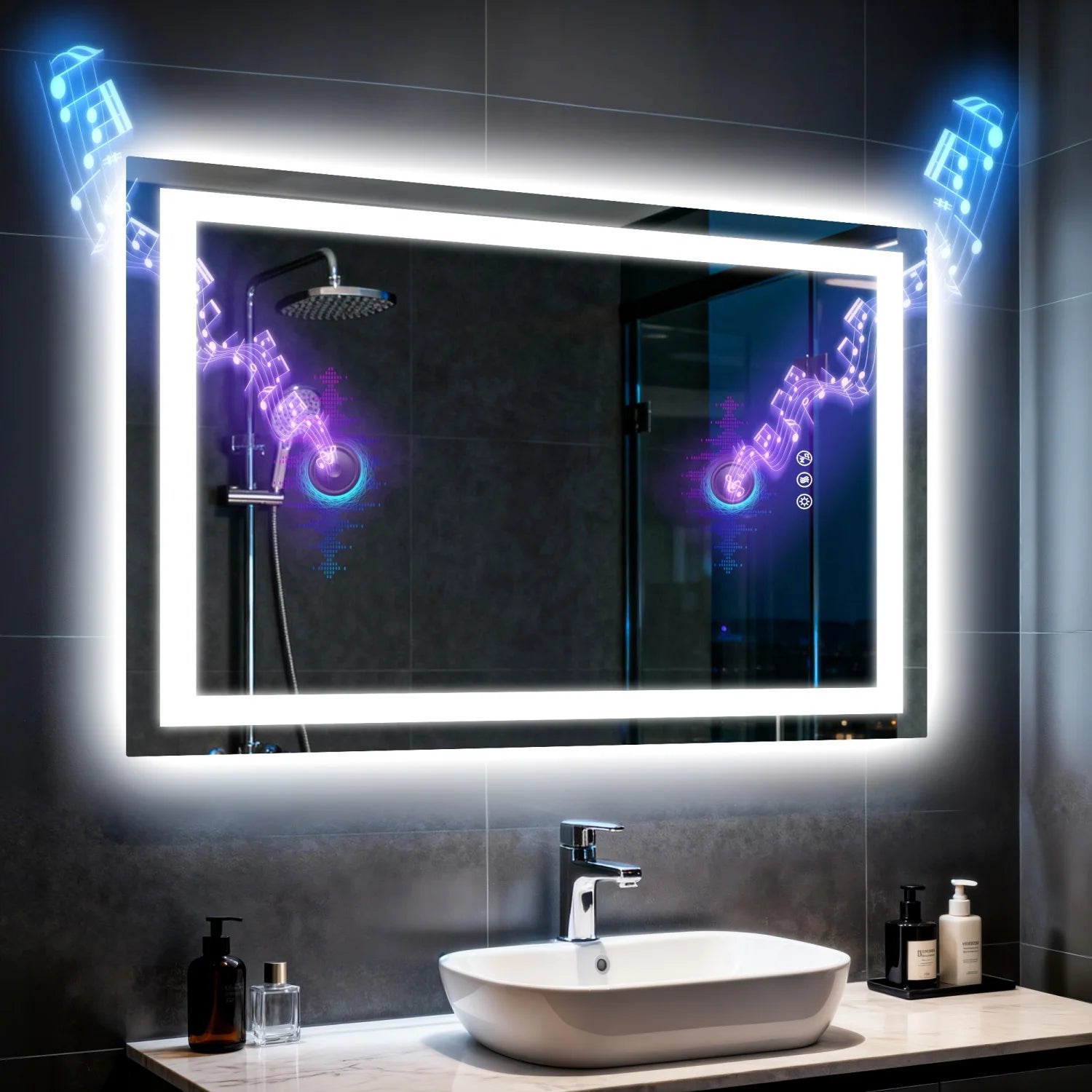 50/60/120cm Mirror LED Dimmable Backlit Built-in Bluetooth Speaker Waterproof Anti-Fog