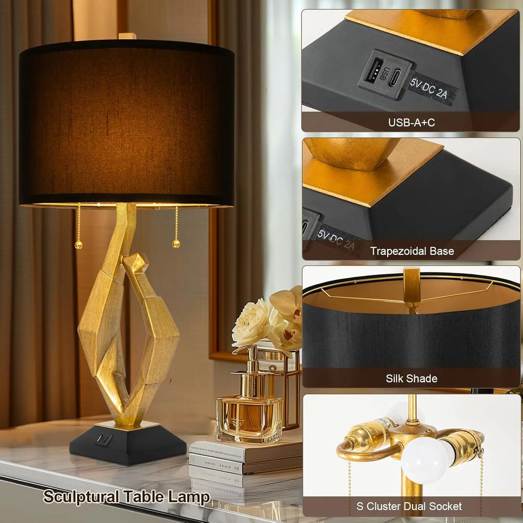 Table Lamp Set of 2 USB Ports Gold Leaf Finish