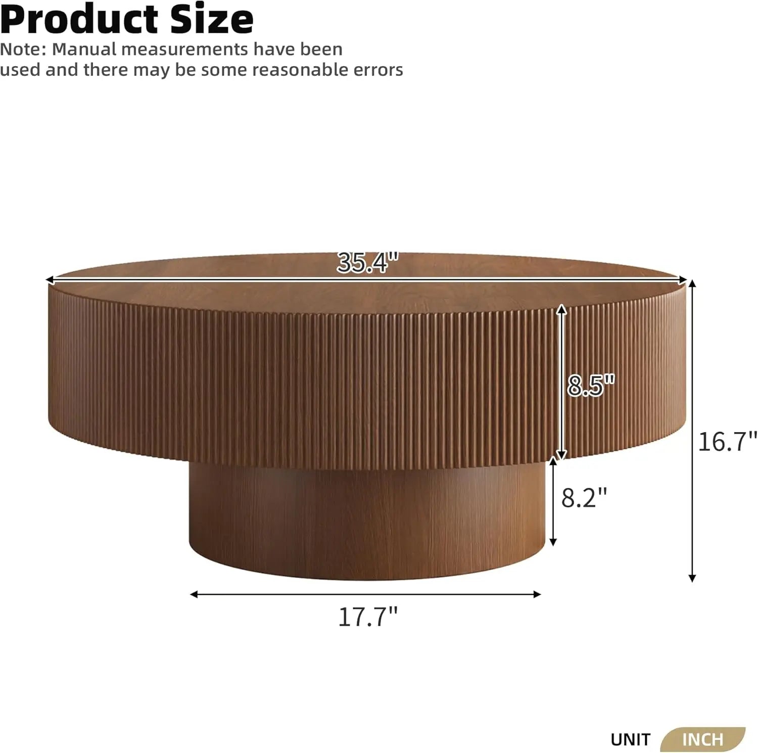 35.4IN Round Large Fluted Coffee Table, Sturdy Wood Base, Easy Assembly, Walnut