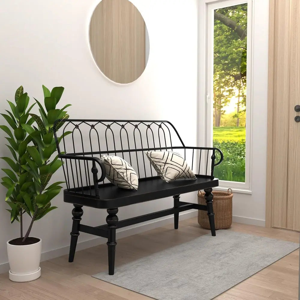 Spindle Back Wood Dining Bench, Armrest, Sculpted Legs