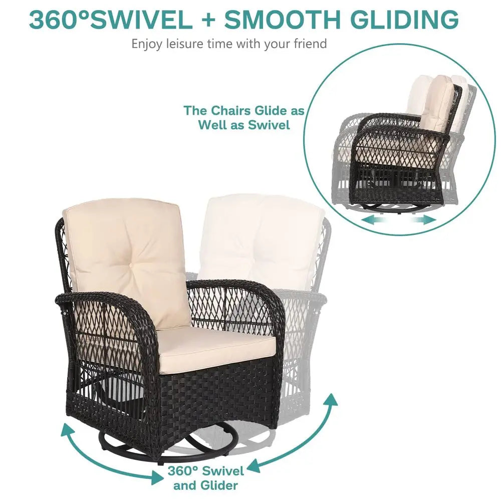 3-Piece Wicker Swivel Rocker Patio Set, Thickened Cushion, Glass Top Table