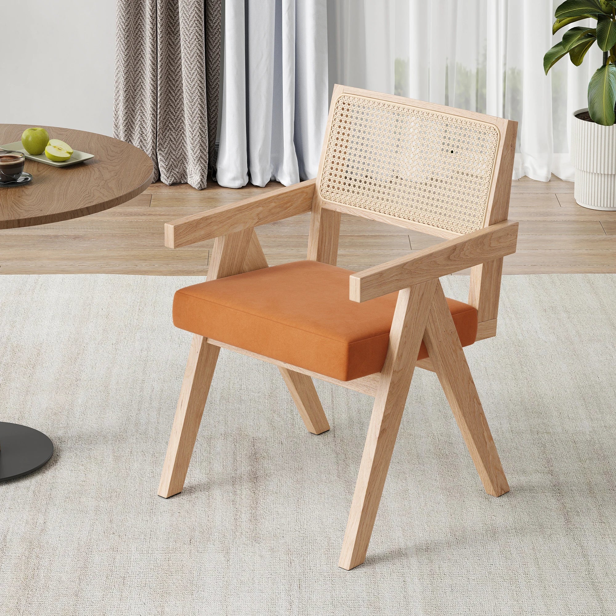 2 Rattan Chairs, Ash Wood Frame, Woven Rattan, Non-Slip Pads