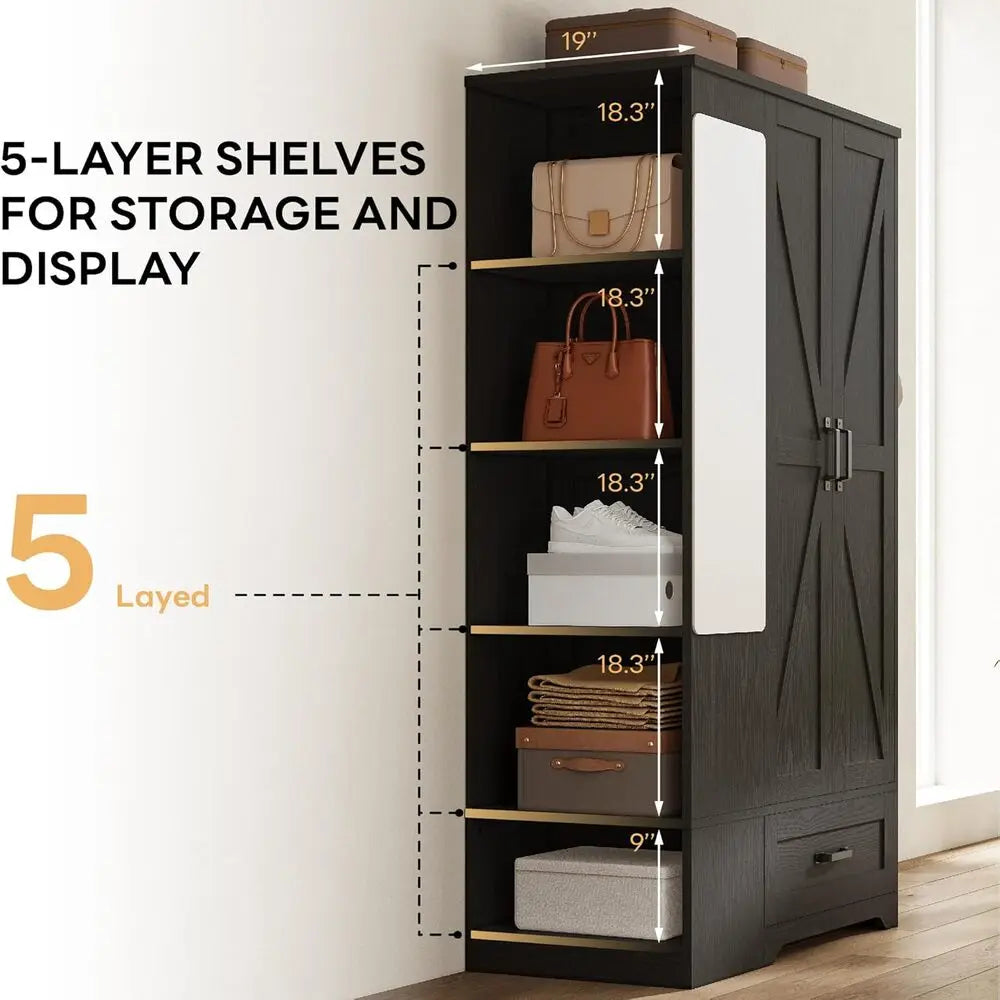 70" Armoire Wardrobe Hanging Rail 2-Door, Drawer, Shelves, Mirror