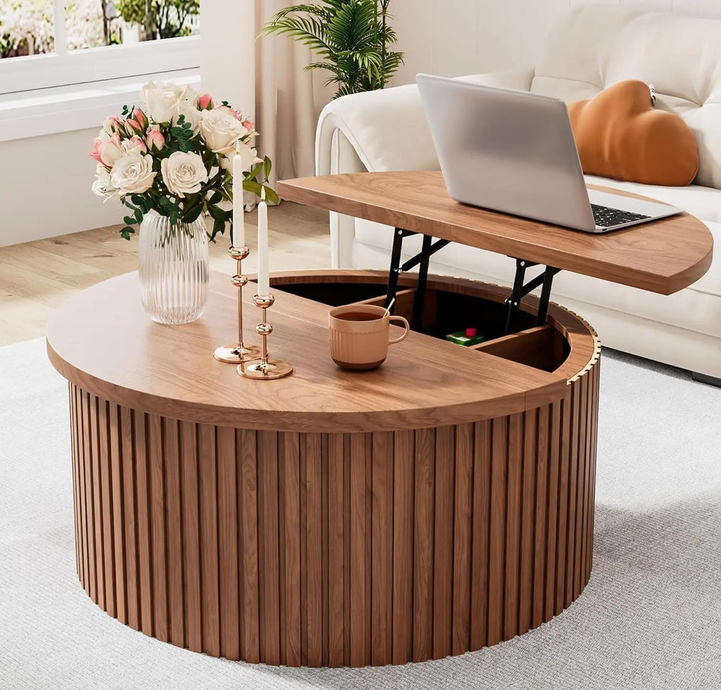 Fluted  31.6IN Round Lift Top Coffee Table with Hidden Storage