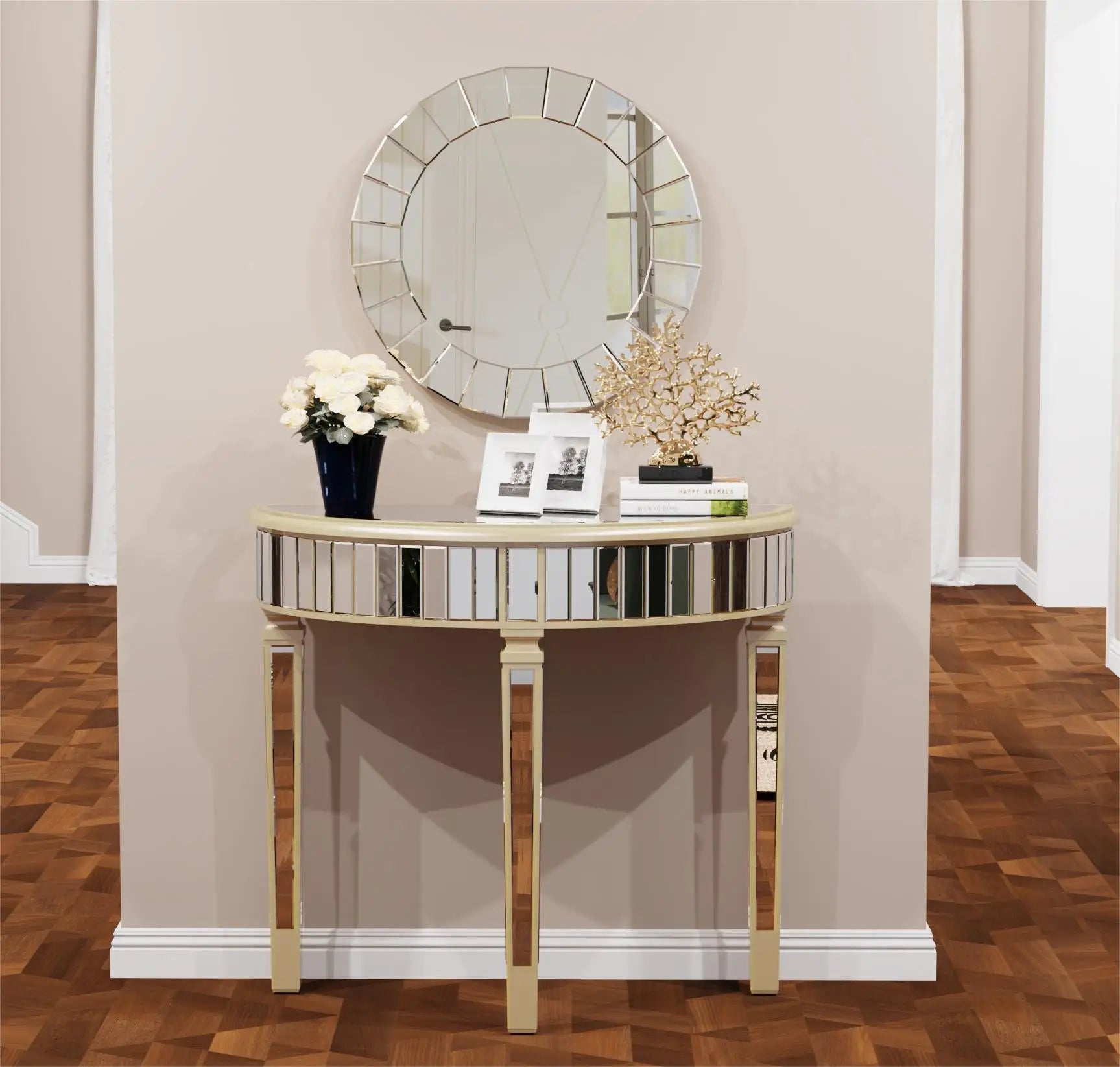 Ornate Mirrored Half Moon Console Table