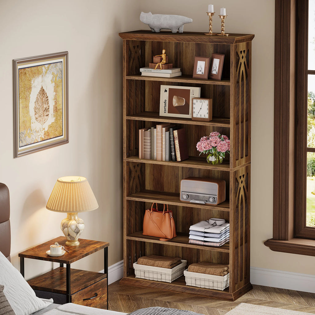 6-Tier 75-Inch Tall Bookcase, Large Freestanding Wood Display Shelves